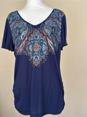 Style & Co Navy Paisley V-Neck Short Sleeve Tee